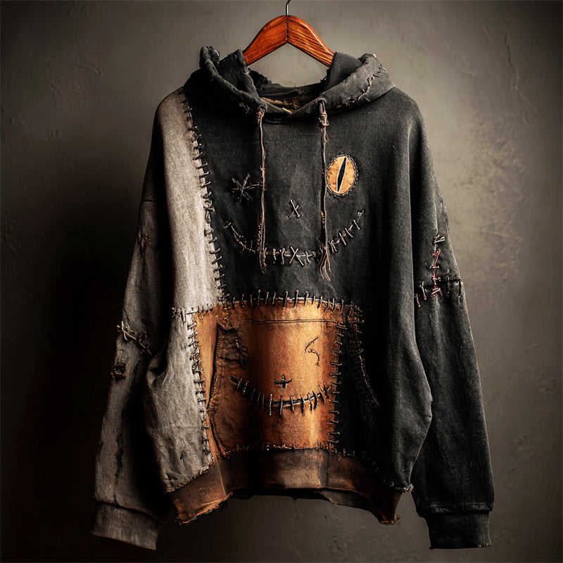 Halloween Black Cat Face Colorblock Patchwork Washed Hoodie