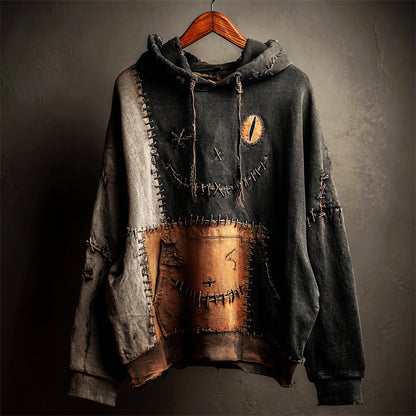 Halloween Black Cat Face Colorblock Patchwork Washed Hoodie
