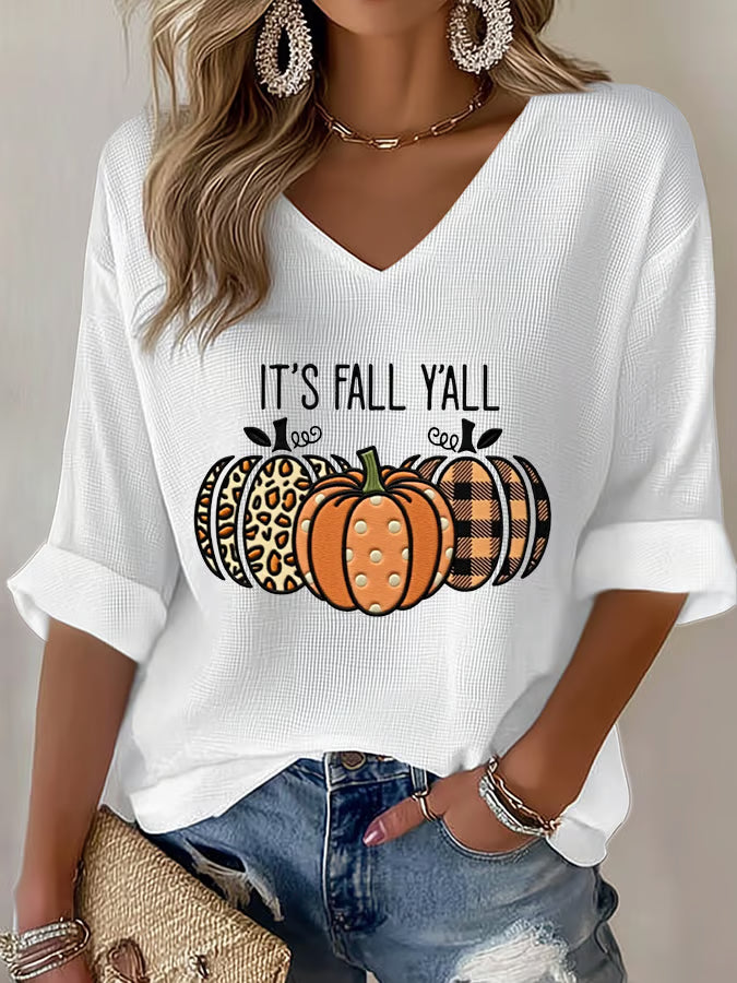 Women's It's Fall Y'all Pumpkin Print Casual T-Shirt