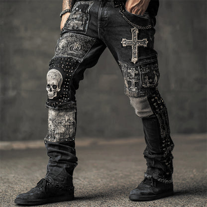 Men's Rock Style Skulls Cross Studded Patchwork Stretchy Jeans