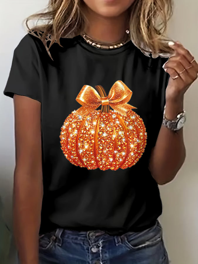 Women's Autumn Sequin Pumpkin Print Crew Neck T-Shirt