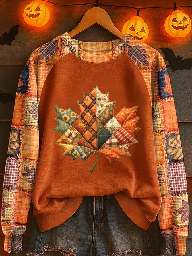 Women's Autumn Retro Plaid Maple Leaf Print Round Neck Raglan Sweatshirt