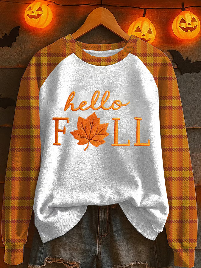 Women's Autumn Maple Leaf Contrast Print Crew Neck Sweatshirt