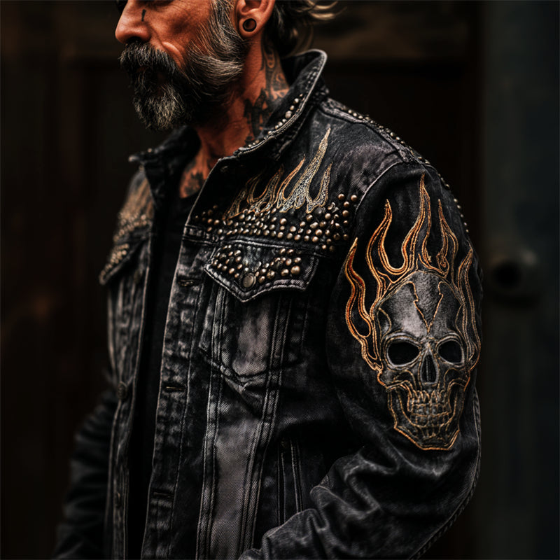 Men's Rock Skull & Flame Studded Washed Denim Jacket