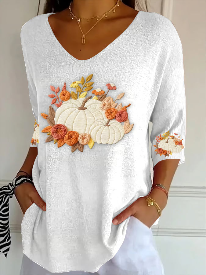 Women's Autumn Pumpkin Striped Three-quarter Sleeve Top