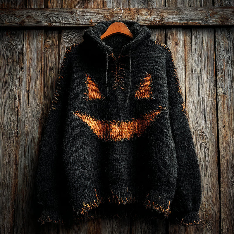 Halloween Pumpkin Face Stitched Cozy Knit Hooded Sweater