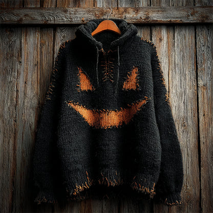 Halloween Pumpkin Face Stitched Cozy Knit Hooded Sweater