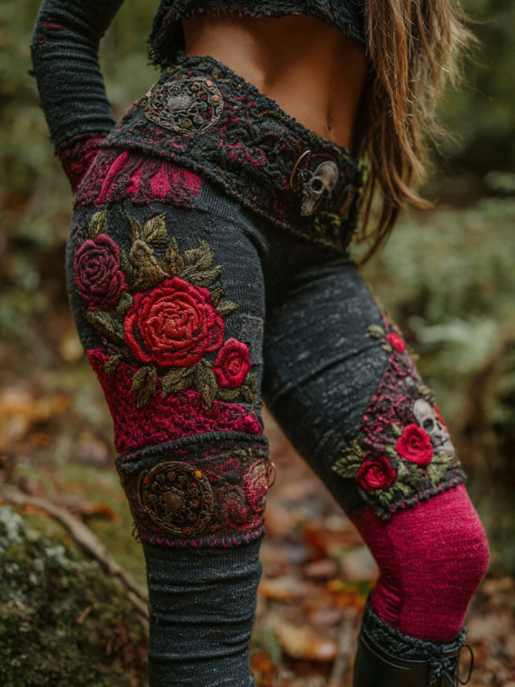 Women's Vintage Viking Skull And Rose Patchwork Art Knit Leggings