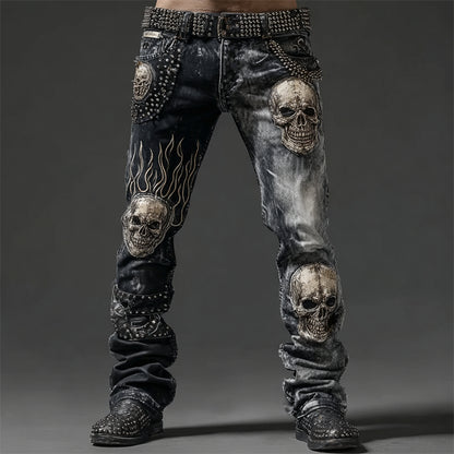 Men's Skulls Contrast Bleached Rock Studded Washed Jeans