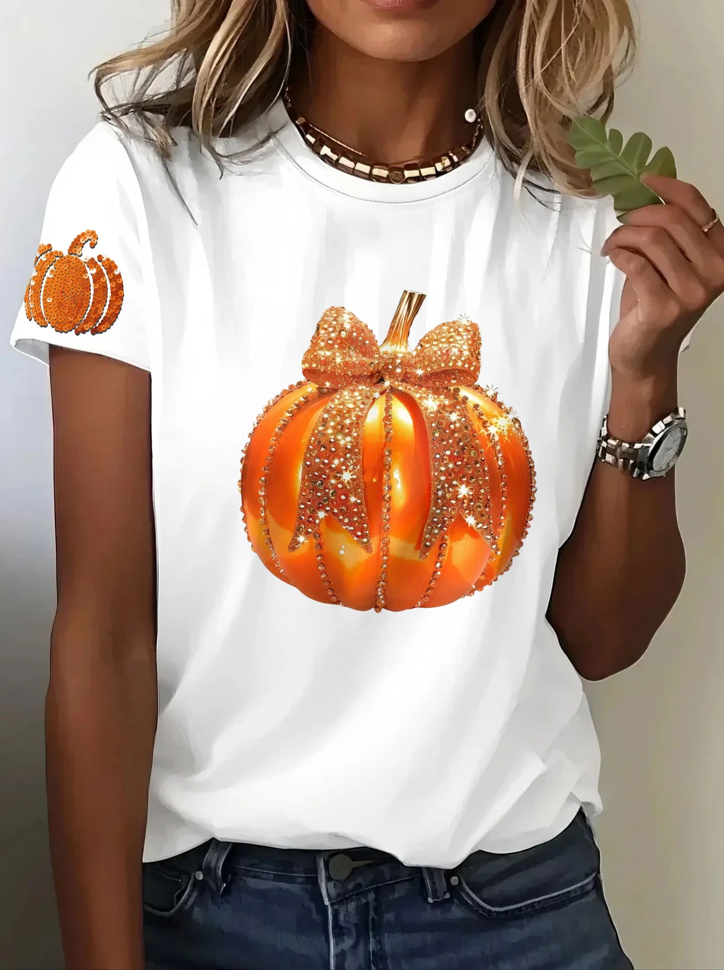 Women's Autumn Sequined Pumpkin Print Crew Neck Short Sleeve T-shirt