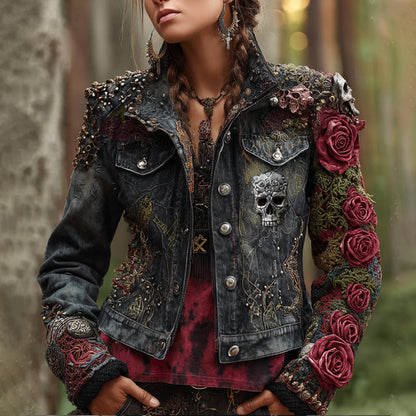 Women's Vintage Skull Rose Tie-dye Denim Jacket
