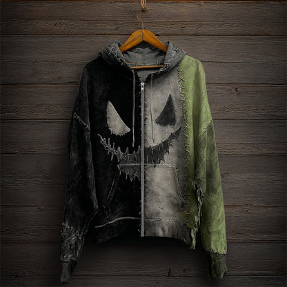 Halloween Spooky Face Contrast Colorblock Full Zip Hoodie