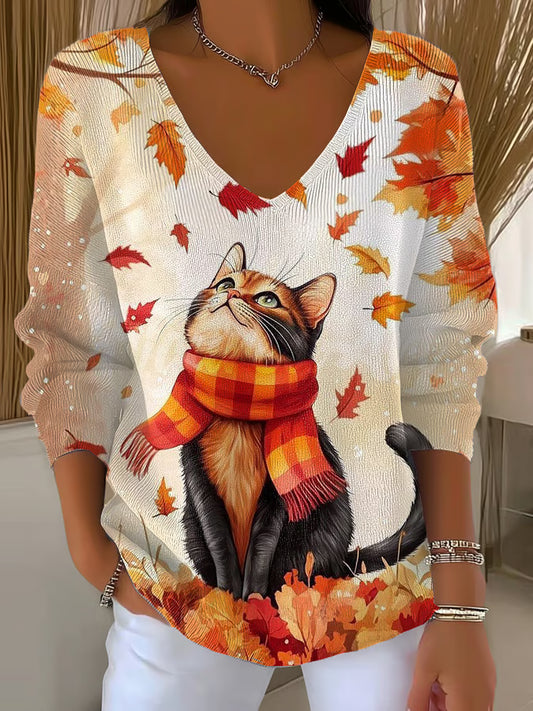 Women's Casual Autumn Animal Cat-Striped Long-Sleeved Top