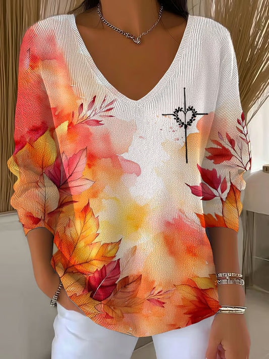 Women's Autumn Leaves and Cross Print Long Sleeve Top