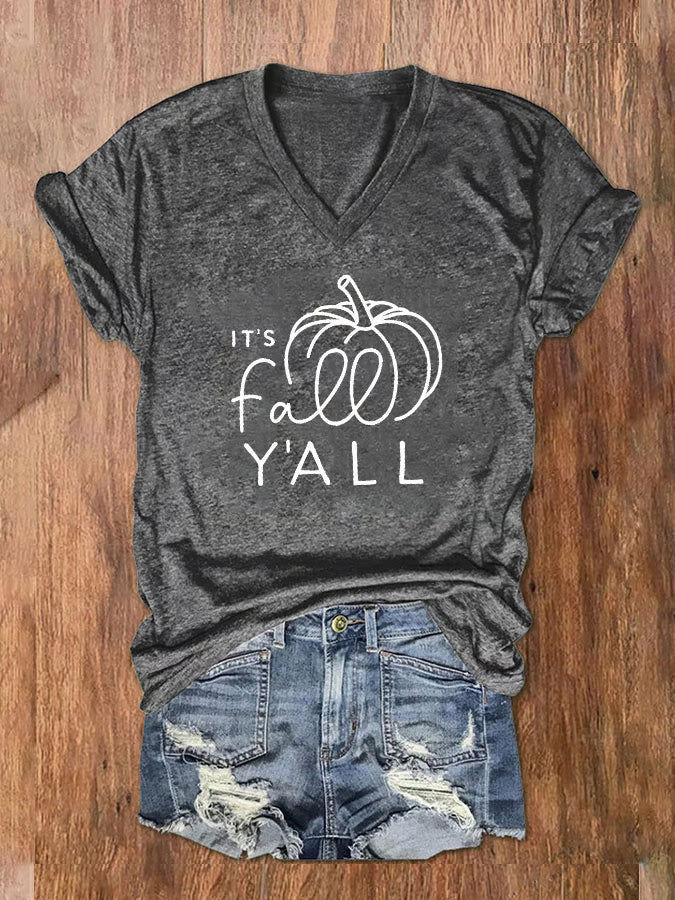 Women's It's Fall Y'all Print V-Neck T-Shirt