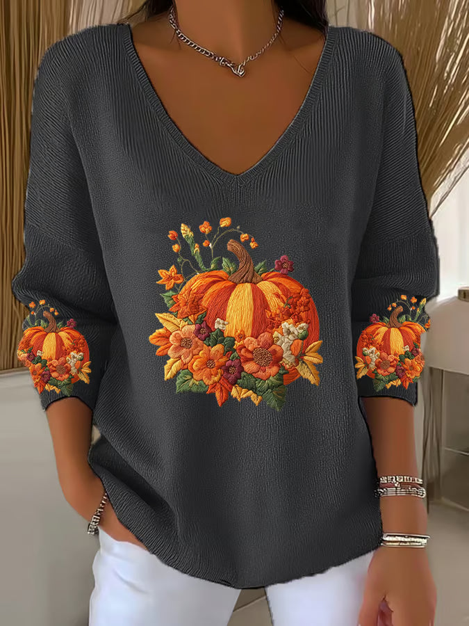Women's Casual Autumn Pumpkin Floral Embroidery Texture Pattern Print Long Sleeve T-shirt