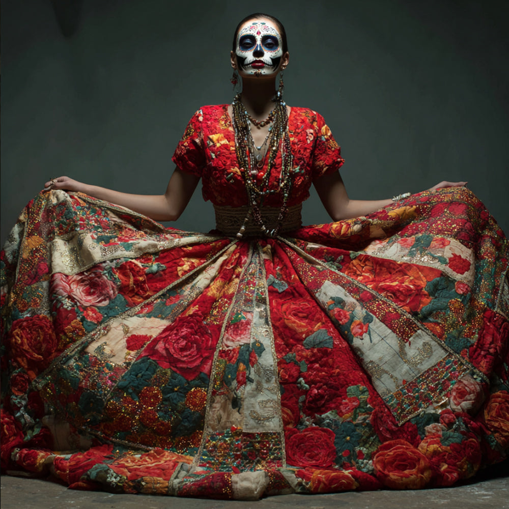 Mexican Day Of The Dead Floral Embroidery Sequin Short-sleeved Patchwork Dress