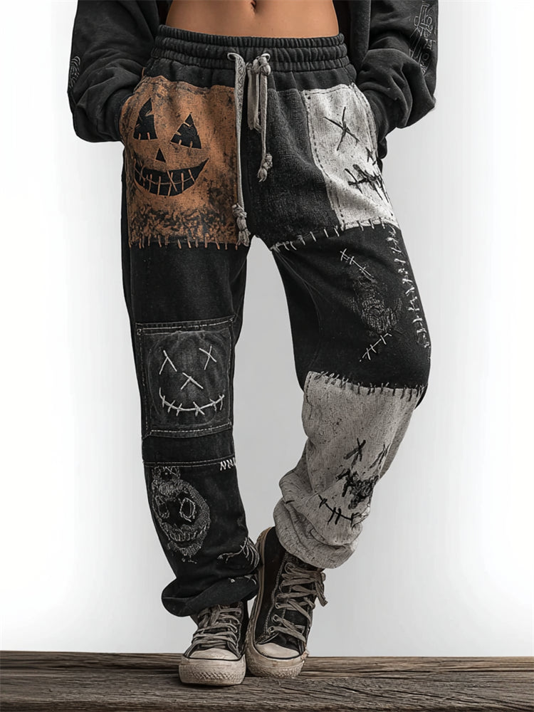 Halloween Spooky Faces Colorblock Stitched Washed Sweatpants