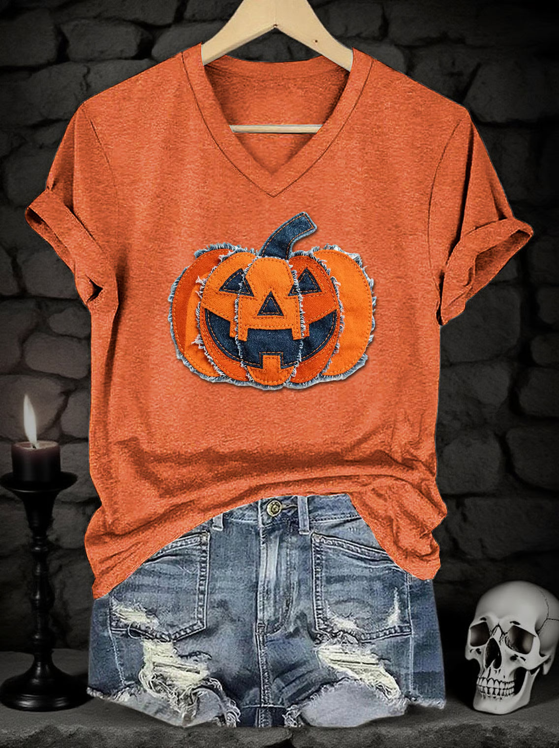 Women's Halloween Denim Patchwork Pumpkin Face Print V-Neck Short Sleeve T-Shirt