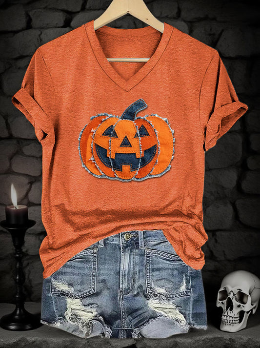 Women's Halloween Denim Patchwork Pumpkin Face Print V-Neck Short Sleeve T-Shirt