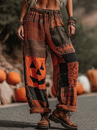 Bohemian Halloween Pumpkin Face Contrast Color Patchwork Linen Pants