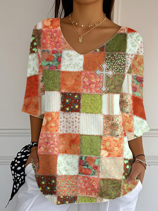 Women'S Casual  Vintage Patchwork Cross Faith Print V-Neck T-Shirt