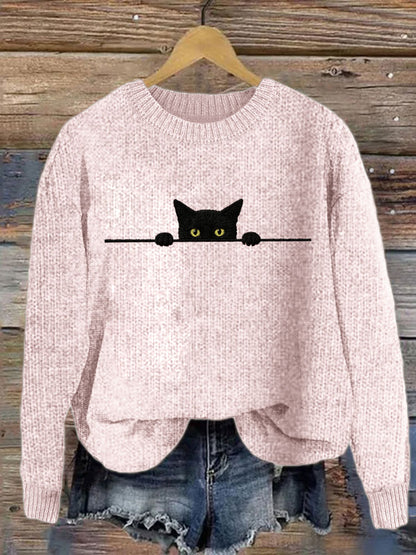 Women's Casual Funny Black Cat Print Sweater