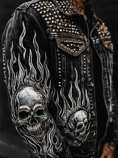 Men's Skulls Flame Contrast Rock Studded Washed Denim Jacket