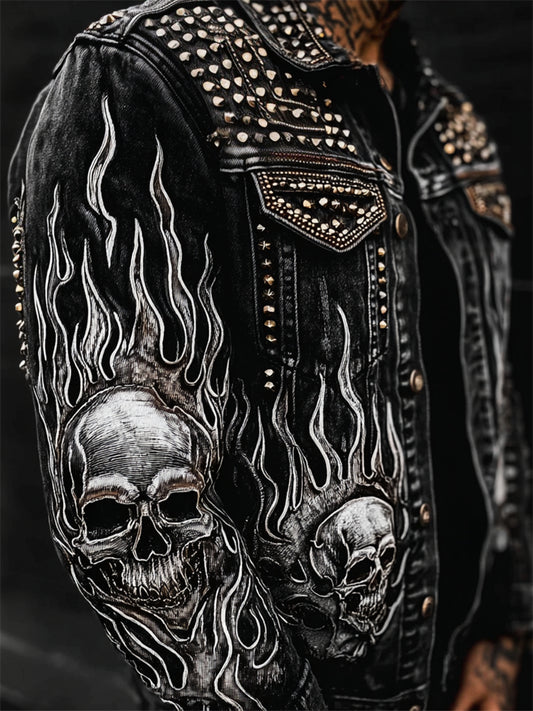 Men's Skulls Flame Contrast Rock Studded Washed Denim Jacket