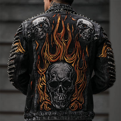 Men's Skulls & Flame Rock Studded Washed Denim Jacket