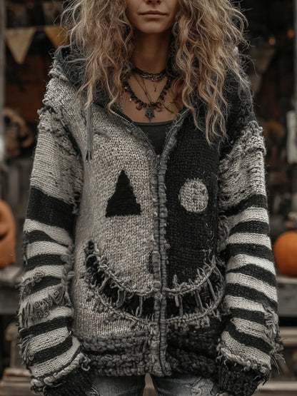 Halloween Pumpkin Face Patchwork Art Cozy Knit Hooded Cardigan