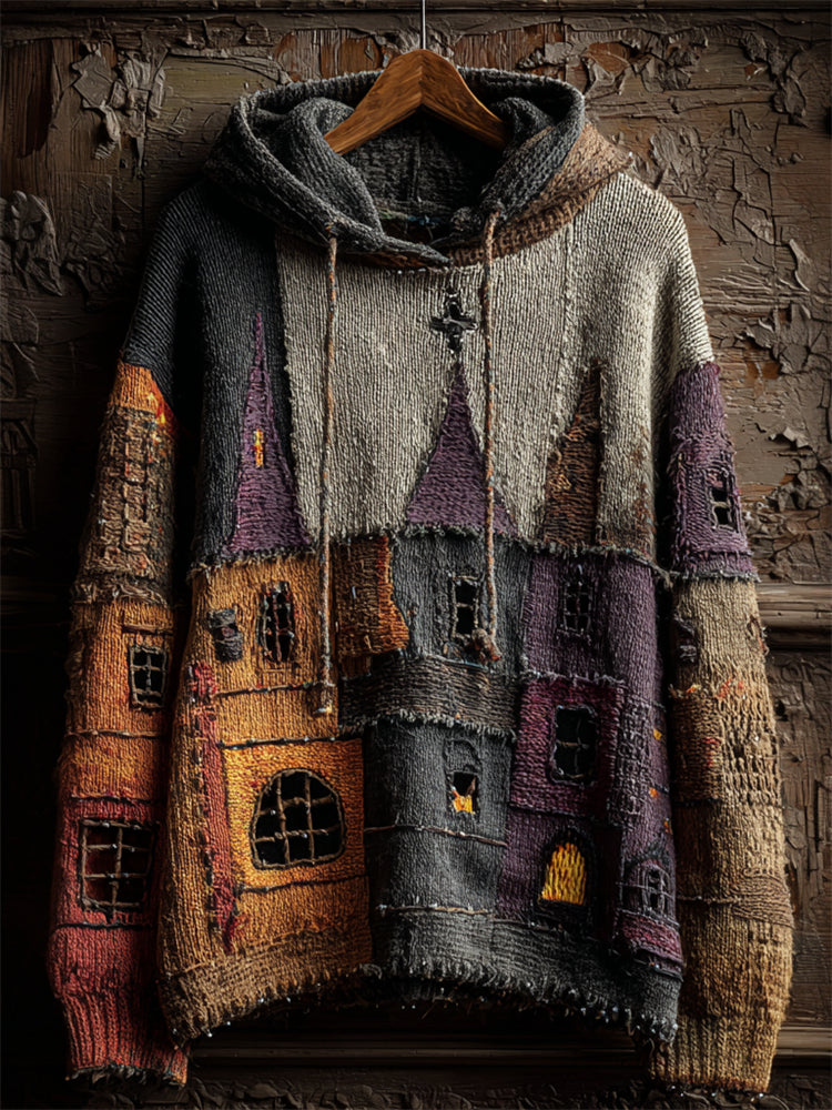 Halloween Castles Inspired Colorblock Stitched Hooded Knit Sweater
