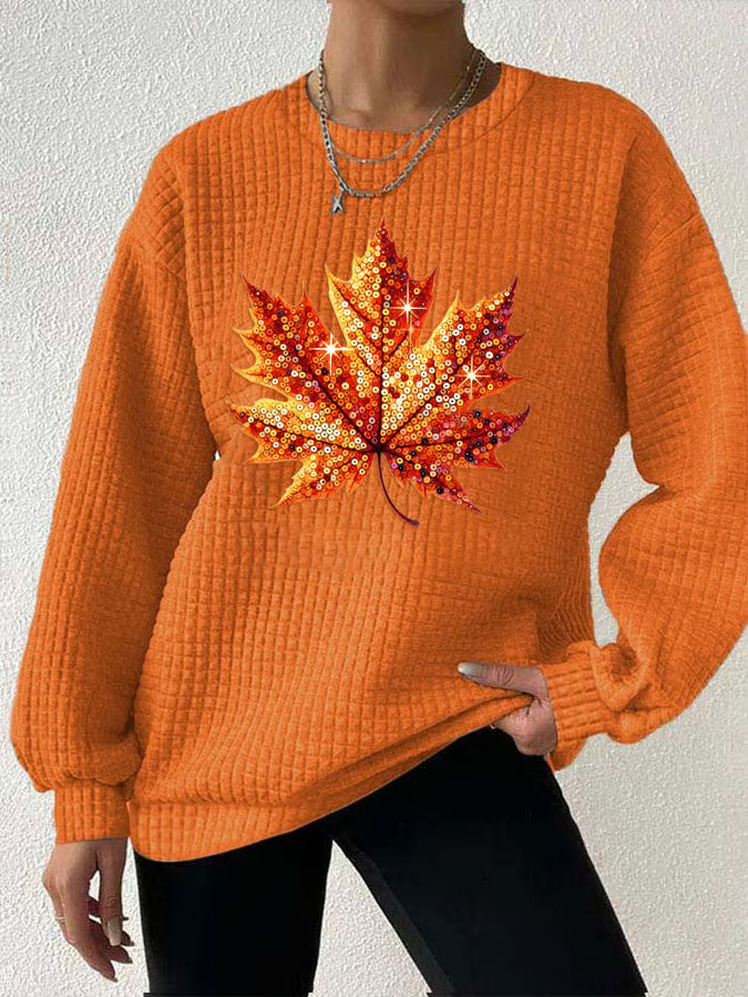 Women's Autumn Sequin Maple Leaf Print Gingham Crew Neck Sweatshirt