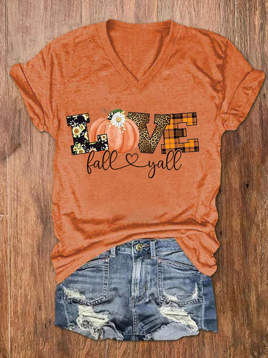 Women's Love Fall Y'all Print V-Neck Tee