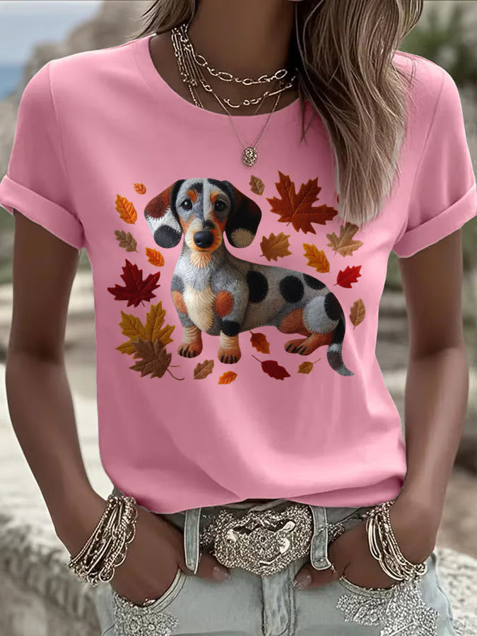 Women's Autumn Dog Print Crew Neck T-Shirt