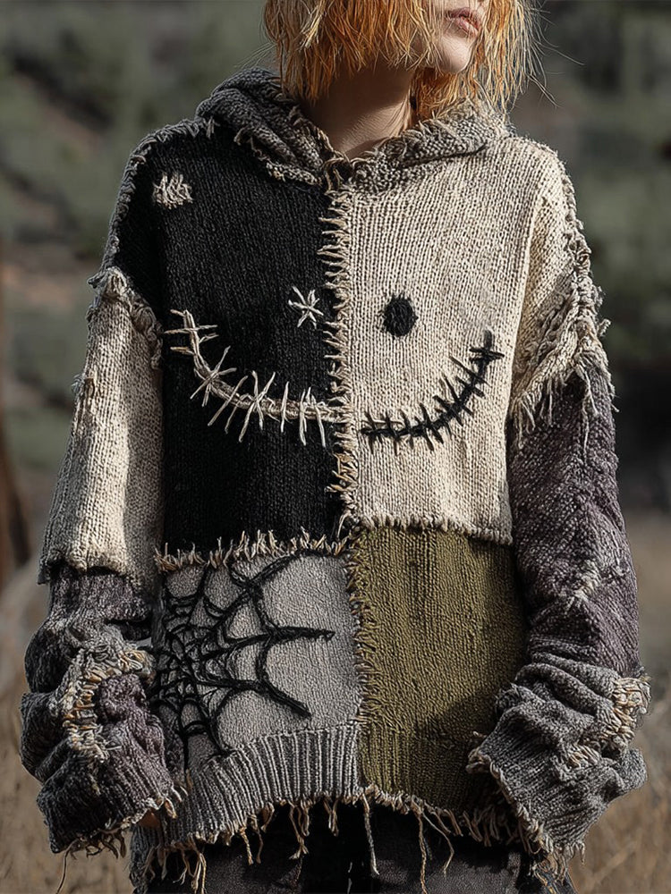 Halloween Spooky Face And Spider Web Patchwork Design Cozy Knit Hooded