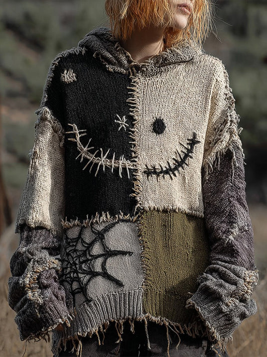 Halloween Spooky Face And Spider Web Patchwork Design Cozy Knit Hooded