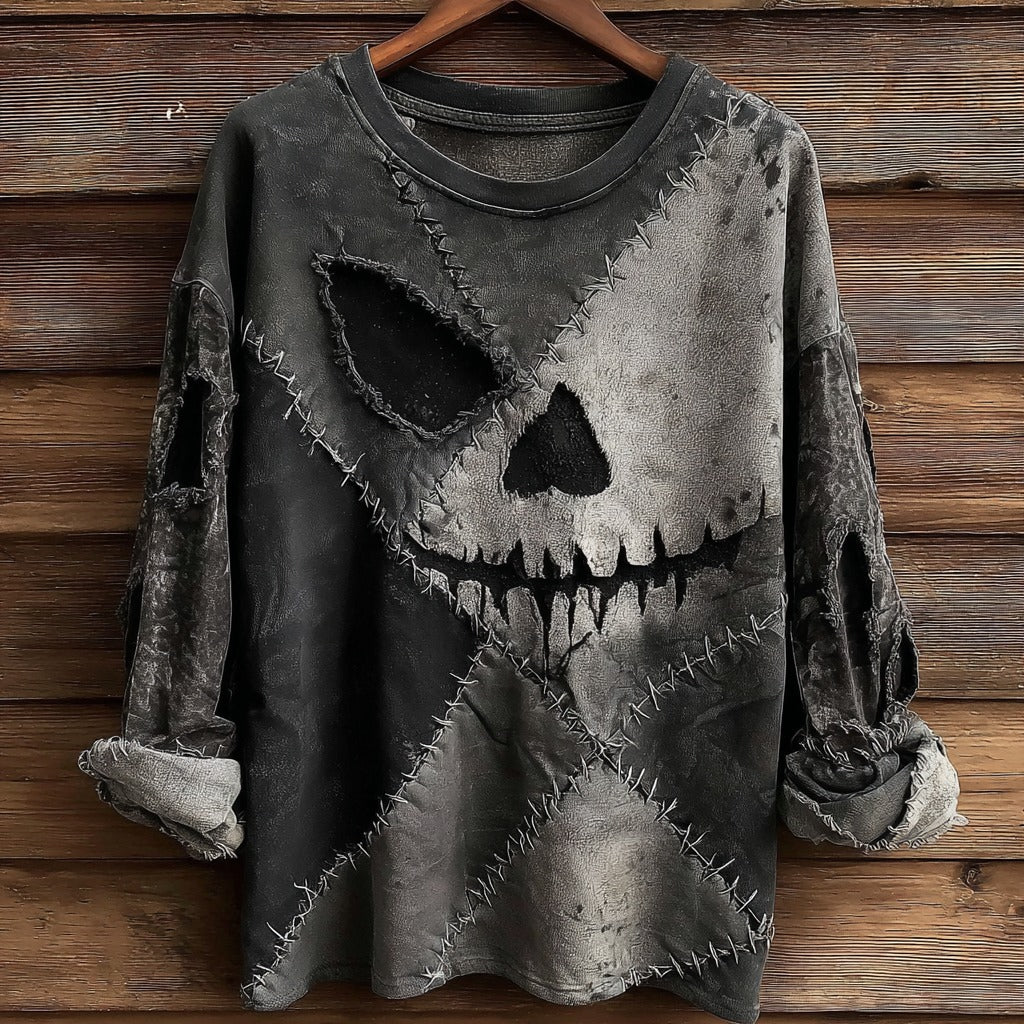 Halloween Skull Spooky Pattern Stitching Washed Men's T-shirt