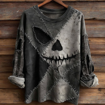 Halloween Skull Spooky Pattern Stitching Washed Men's T-shirt
