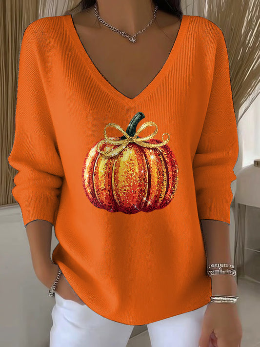 Women's Glitter Pumpkin Print Casual Striped Top