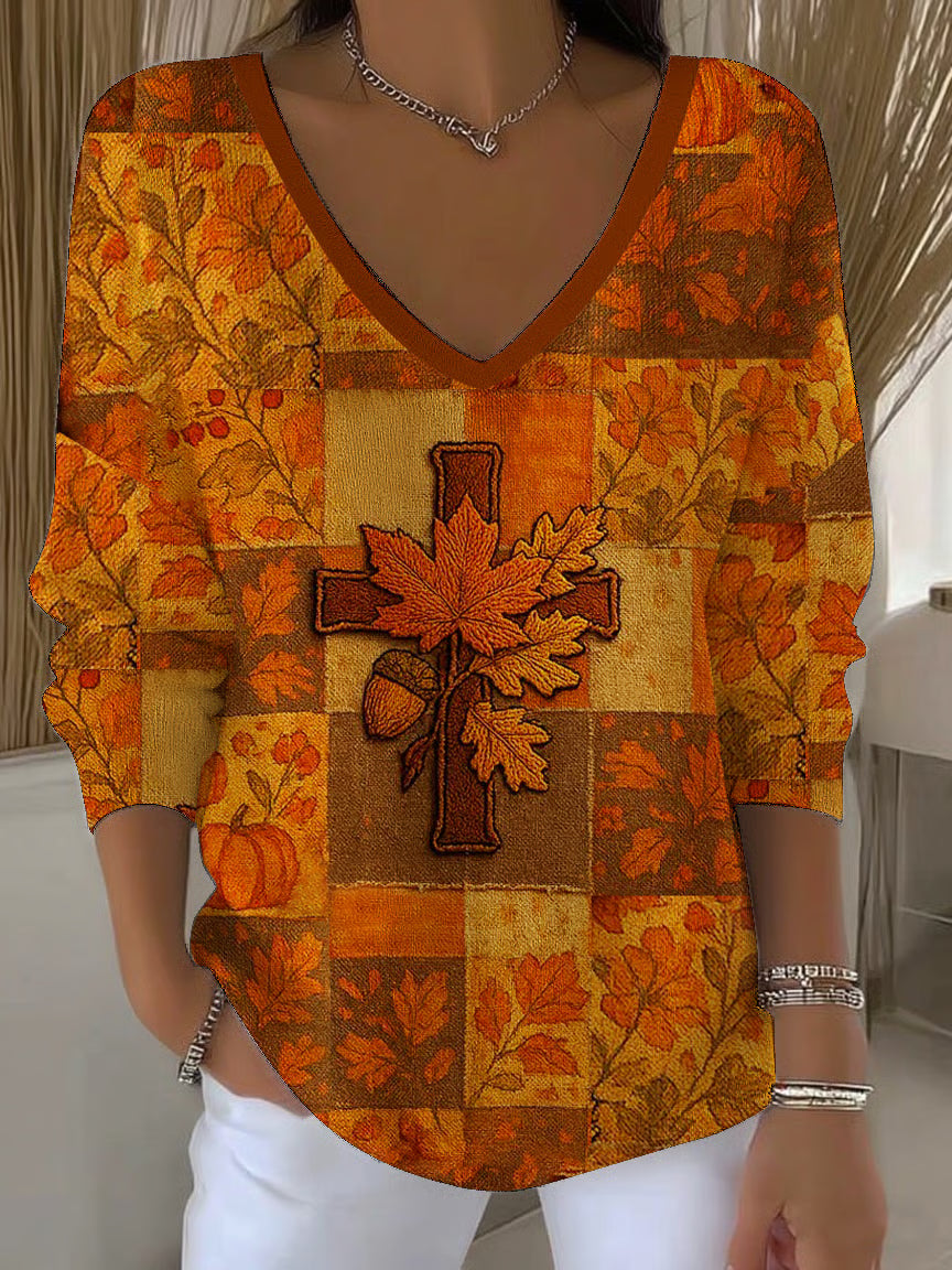 Women's Autumn Refrain Plaid Cross Faux Embroidery Print Casual Striped Knit Top
