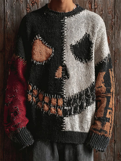 Halloween Pumpkin Skull Emoji Vintage Patchwork Men's Sweater