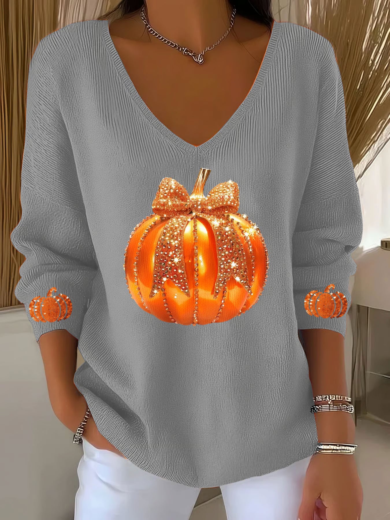 Women's Autumn Sequin Pumpkin Print V-Neck T-Shirt