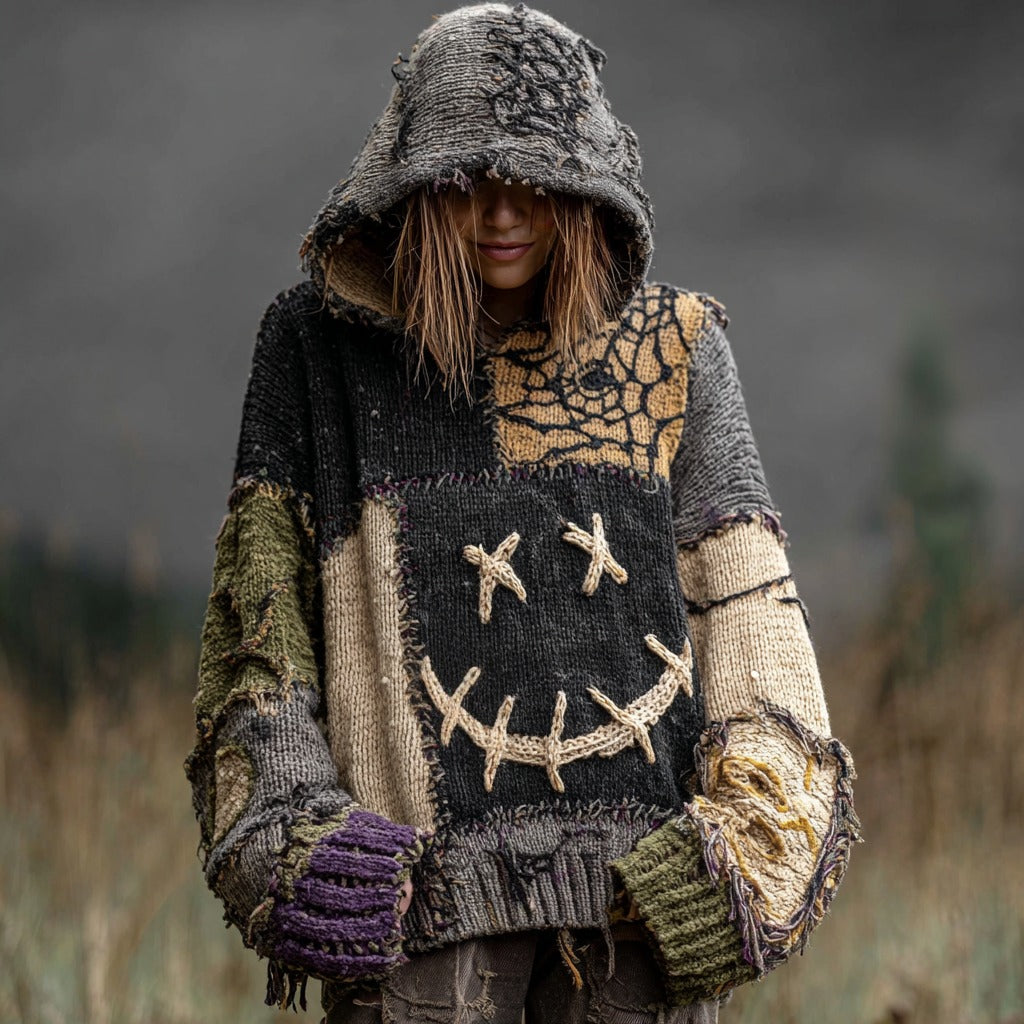 Halloween Spooky Face And Spider Web Patchwork Design Cozy Knit Hooded