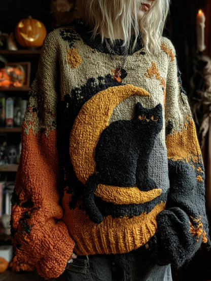Halloween Black Cat Patchwork Art Cozy Knit Sweater