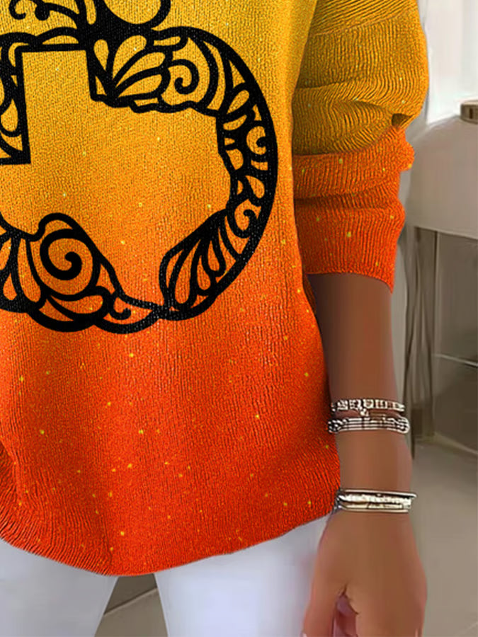 V-Neck Retro Texas Strong Fall Pumpkins Print Knitted Tops