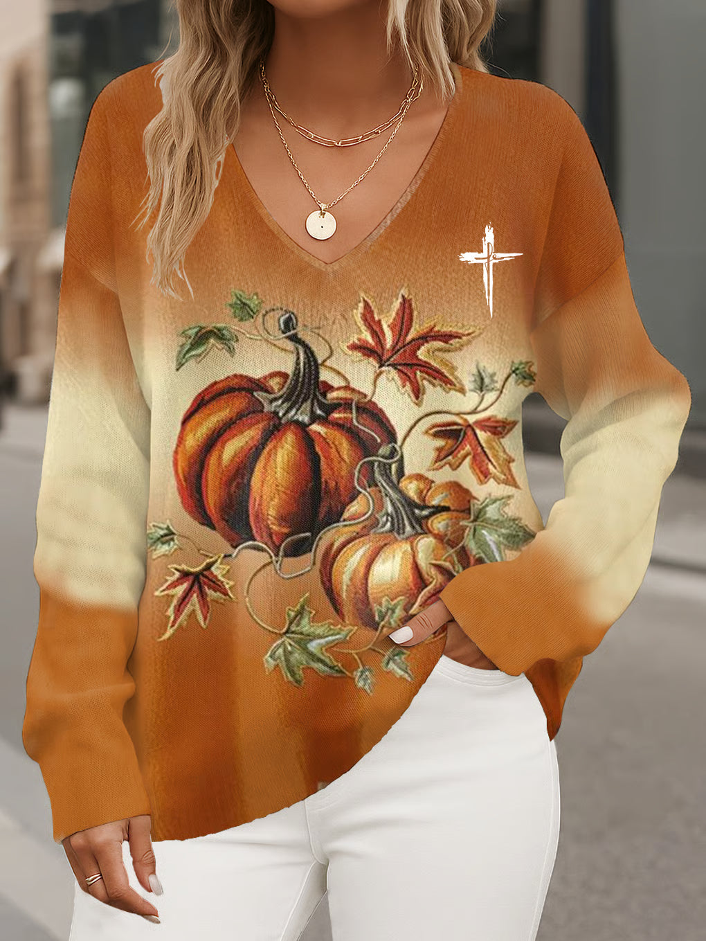 Women's Faith Autumn  Leaf Casual Striped Top