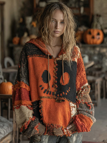 Halloween Spooky Face Patchwork Stitched Cozy Knit Hooded