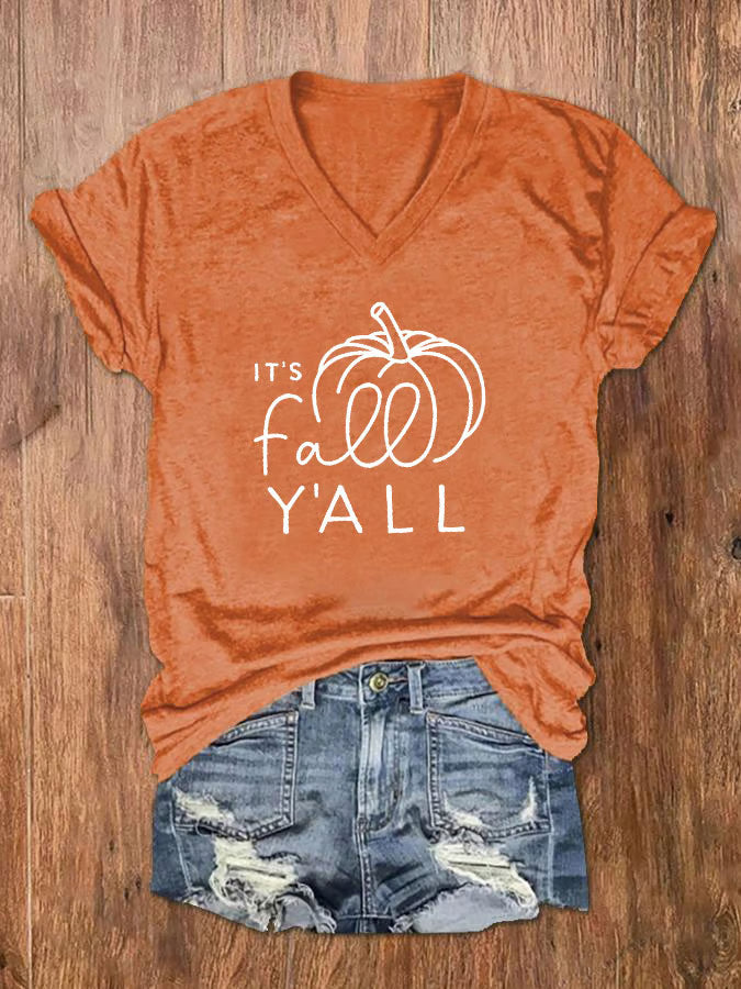 Women's It's Fall Y'all Print V-Neck T-Shirt