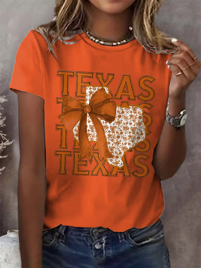 Retro Texas Autumn Burnt Orange Coquette Bow Print T-Shirt
